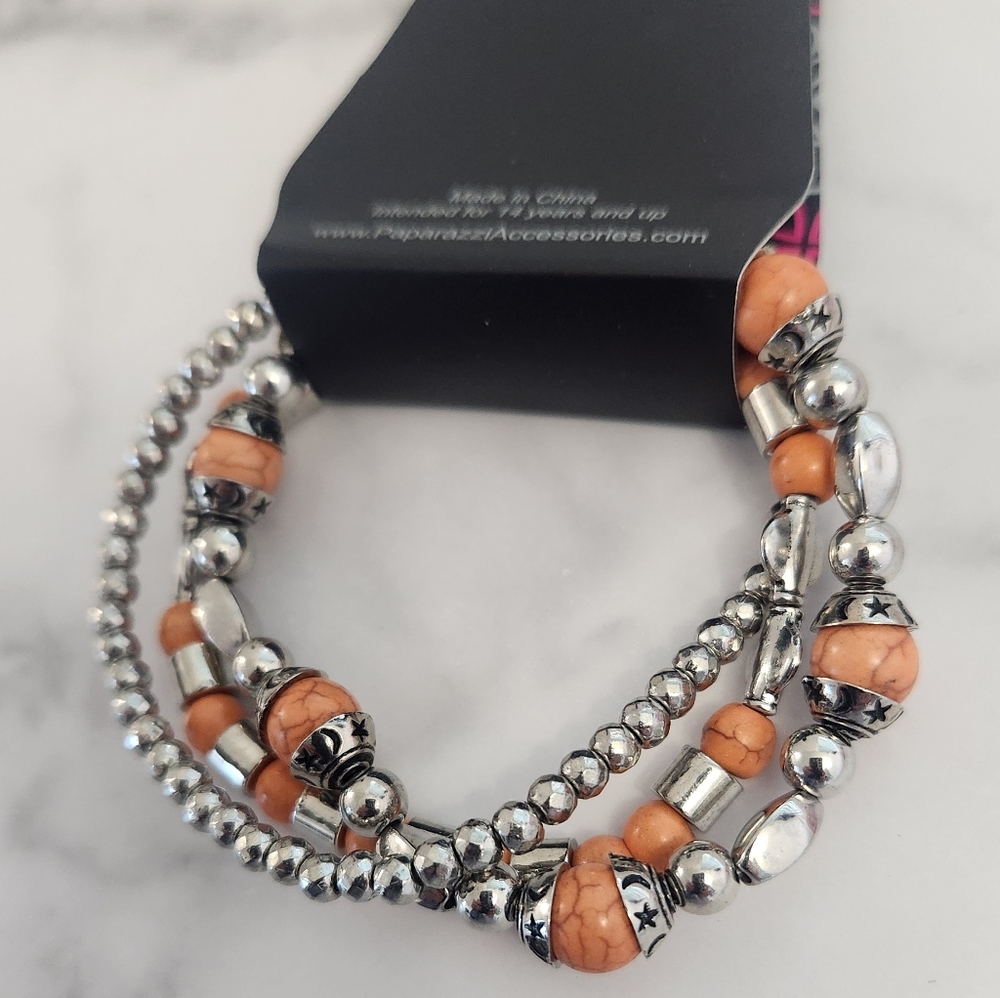 NWT Paparazzi Bold Silver & Orange Beaded Bracelet Set - Picture 6 of 8
